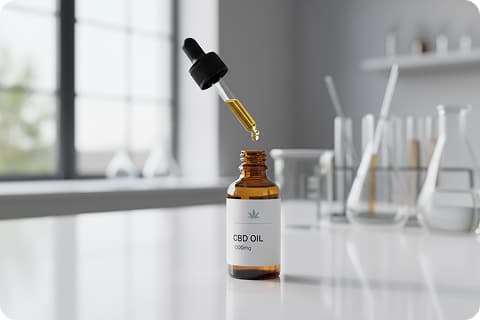Lahvička s CBD olejem v laboratoři
